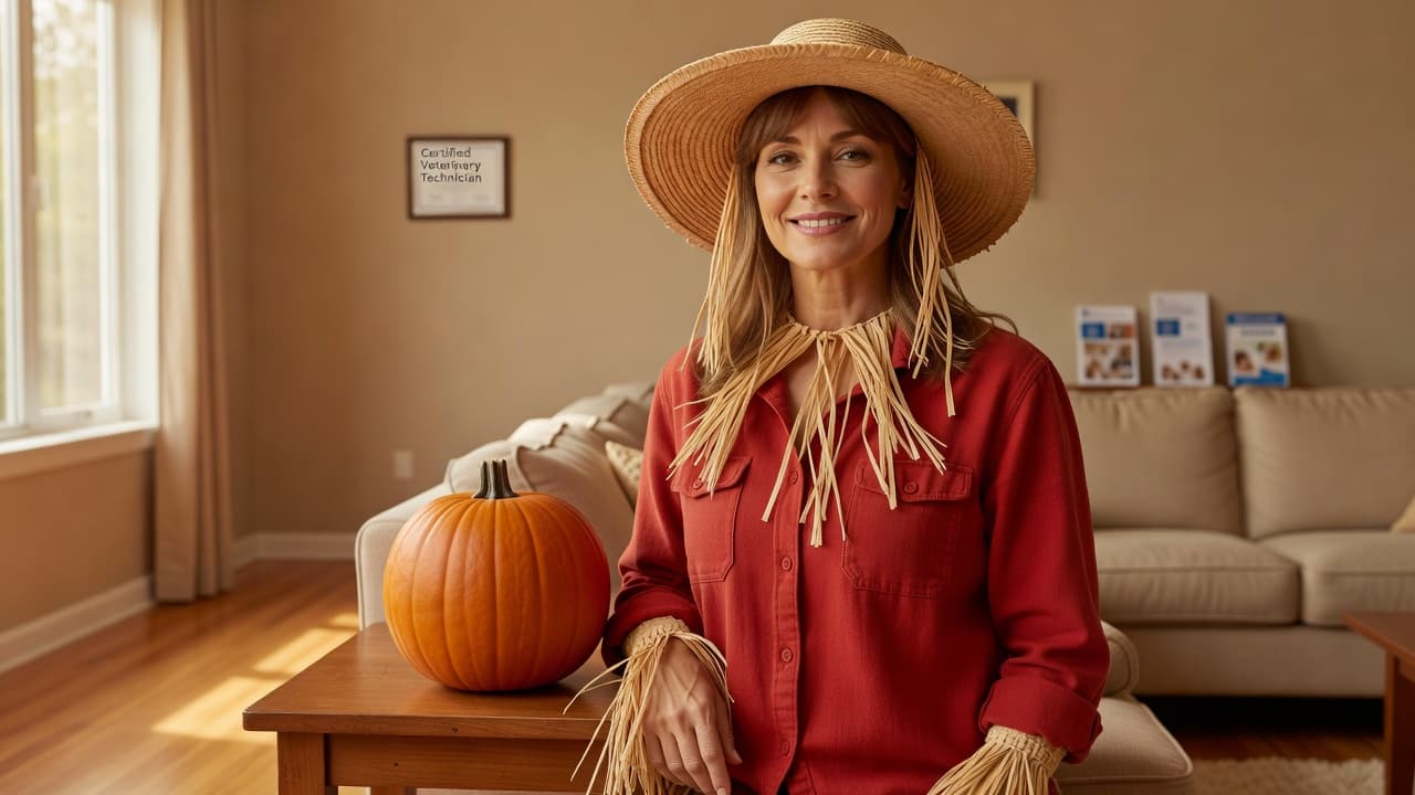 A smiling woman in a simple scarecrow costume with a red flannel shirt