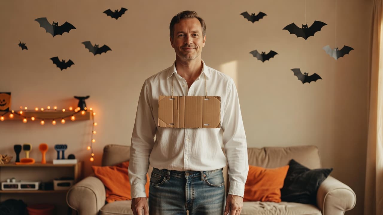 A relaxed man in a loose white button-down shirt and jeans wearing a simple handmade cardboard license plate prop on his chest