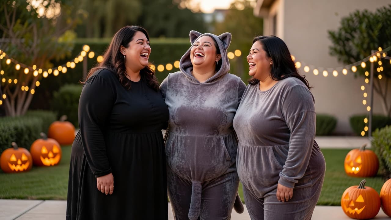 Plus-size friends laughing in comfortable stretch-fabric Halloween costumes including a witch dress and a soft cat tunic