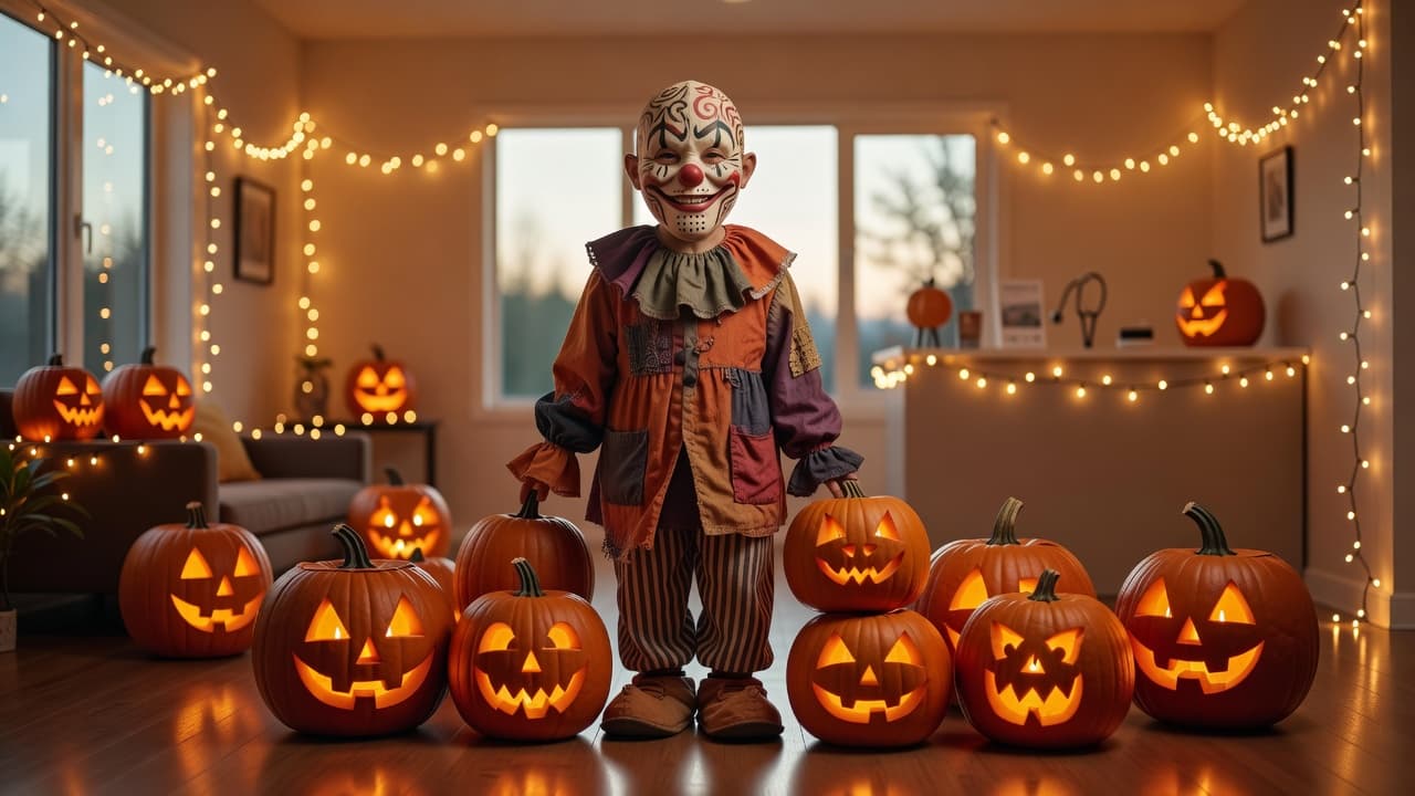 A smiling adult in a layered scary clown costume with a well-vented mask standing among carved pumpkins and string lights at dusk