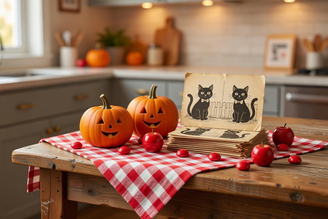 A wooden table holds three small orange pumpkins with simple carved faces