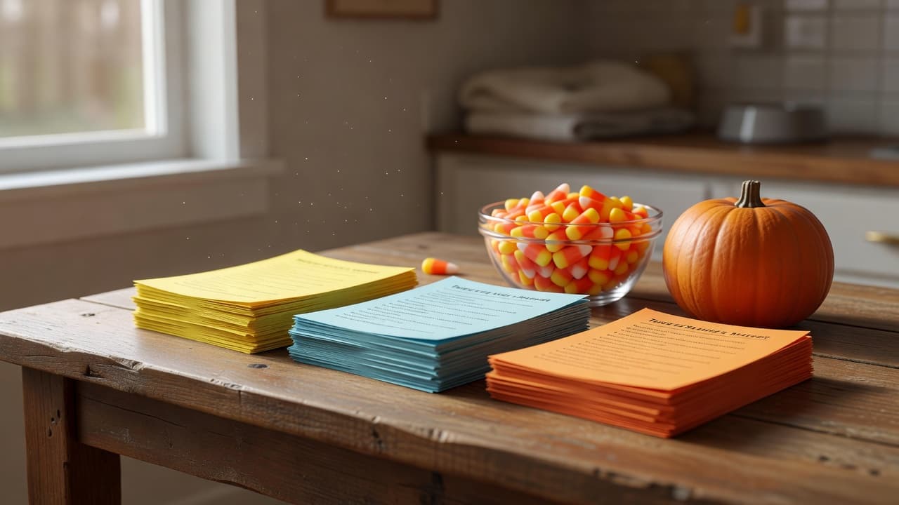 A wooden kitchen table holding three stacks of printed trivia question sheets in different colors