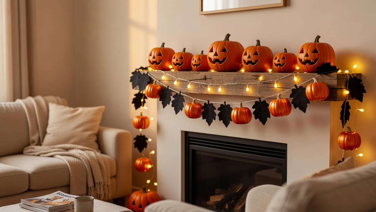 a cozy living room decorated for Halloween with a black and orange garland on the mantel, small carved pumpkins, and string lights, warm evening light, festive but not scary