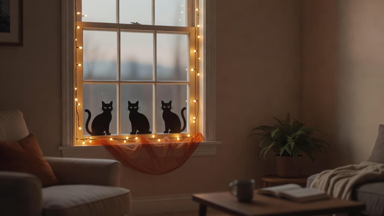 Cozy living room double-hung window with three black cat silhouettes spaced evenly across the lower panes