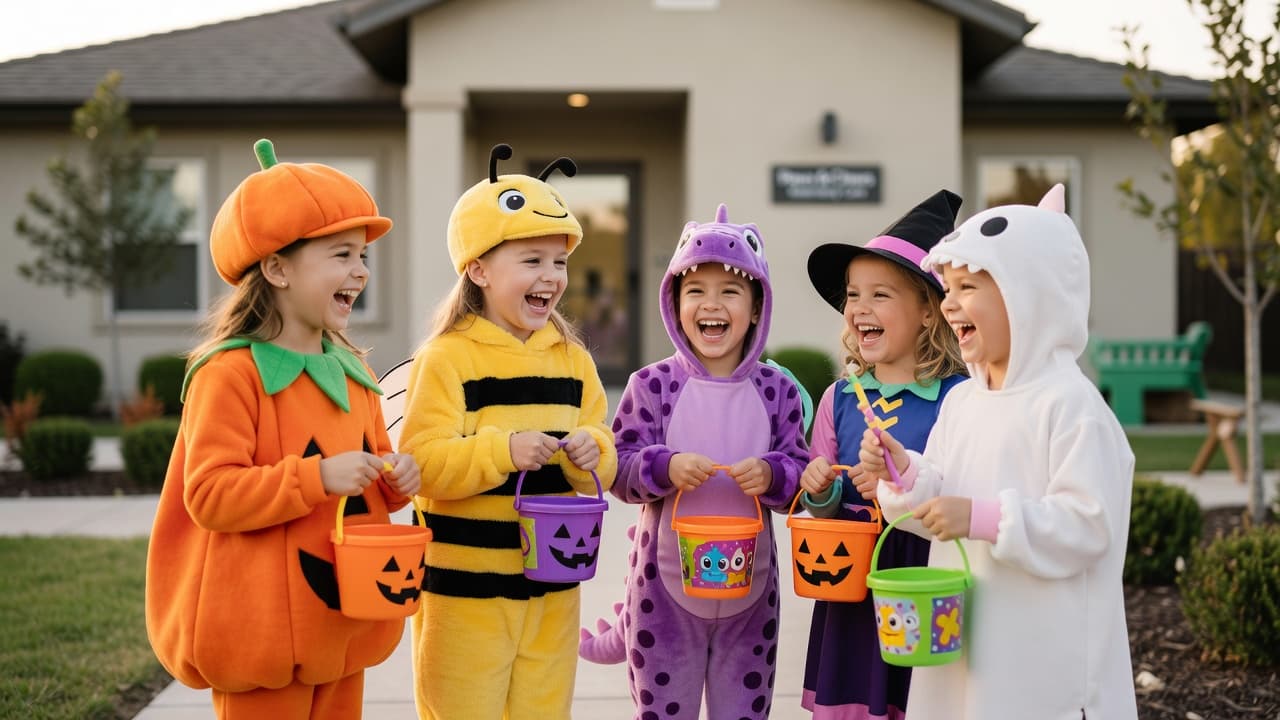 a group of kids in colorful Halloween costumes laughing together outdoors, candy buckets in hand, joyful and silly, daytime