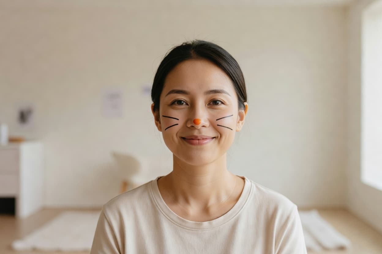 A smiling person with simple black cat whisker lines on cheeks and a small orange triangle nose