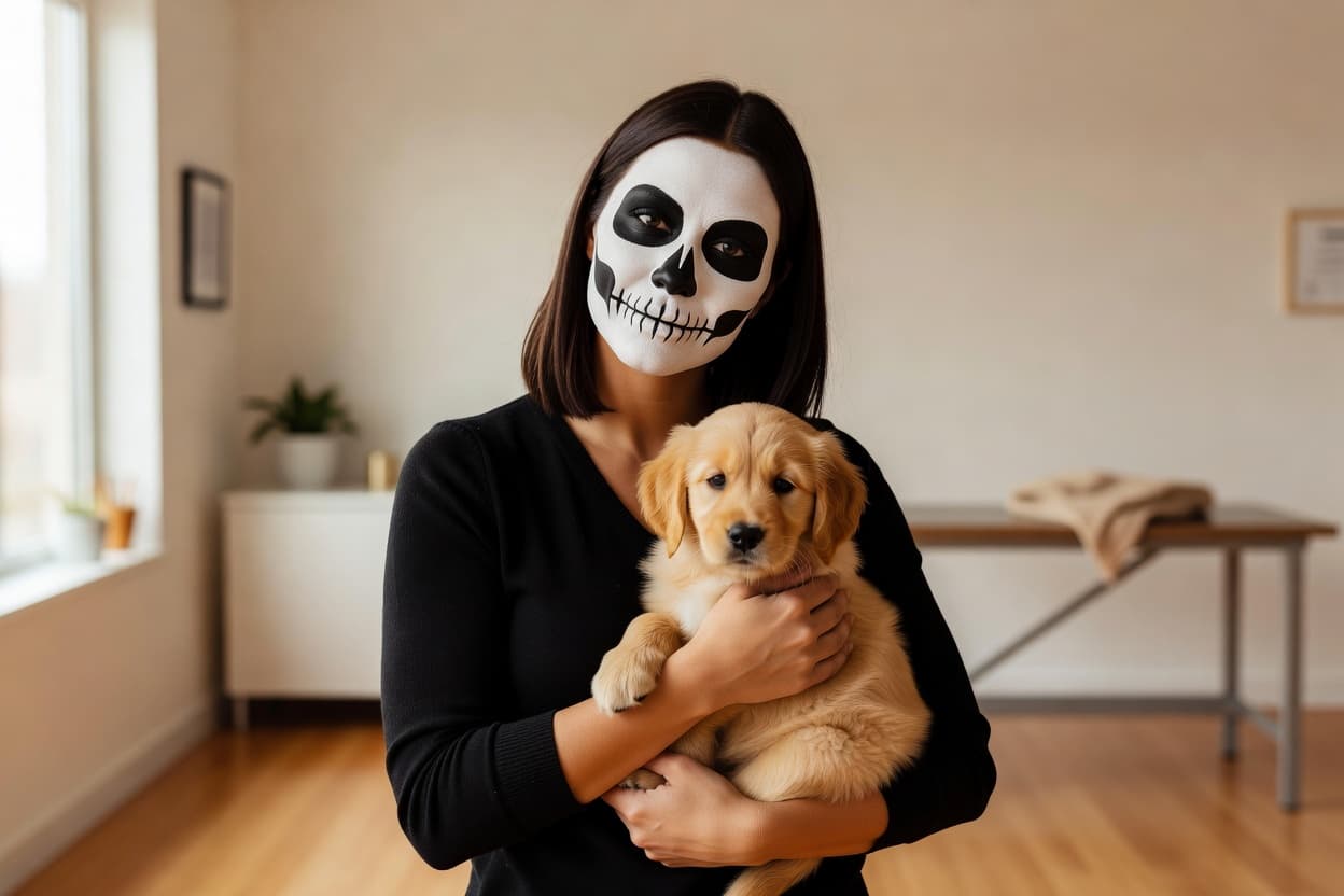 a person with classic Halloween skull face paint in black and white, dramatic but not gory, studio lighting, festive editorial style