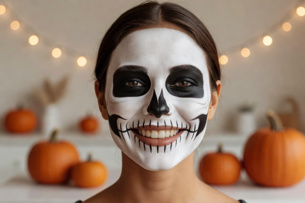 Close-up of a smiling person with crisp skull face paint showing white base