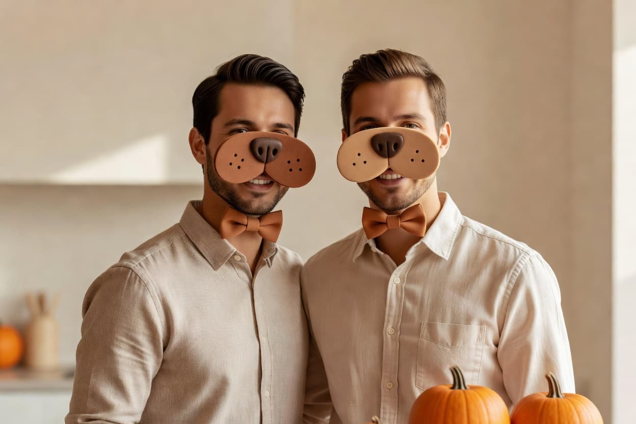 A smiling couple standing side by side indoors wearing coordinated funny oversized animal nose masks one in brown foam and one in matching tan foam both with identical small fabric bow ties and standing next to a small pile of orange pumpkins festive warm lighting