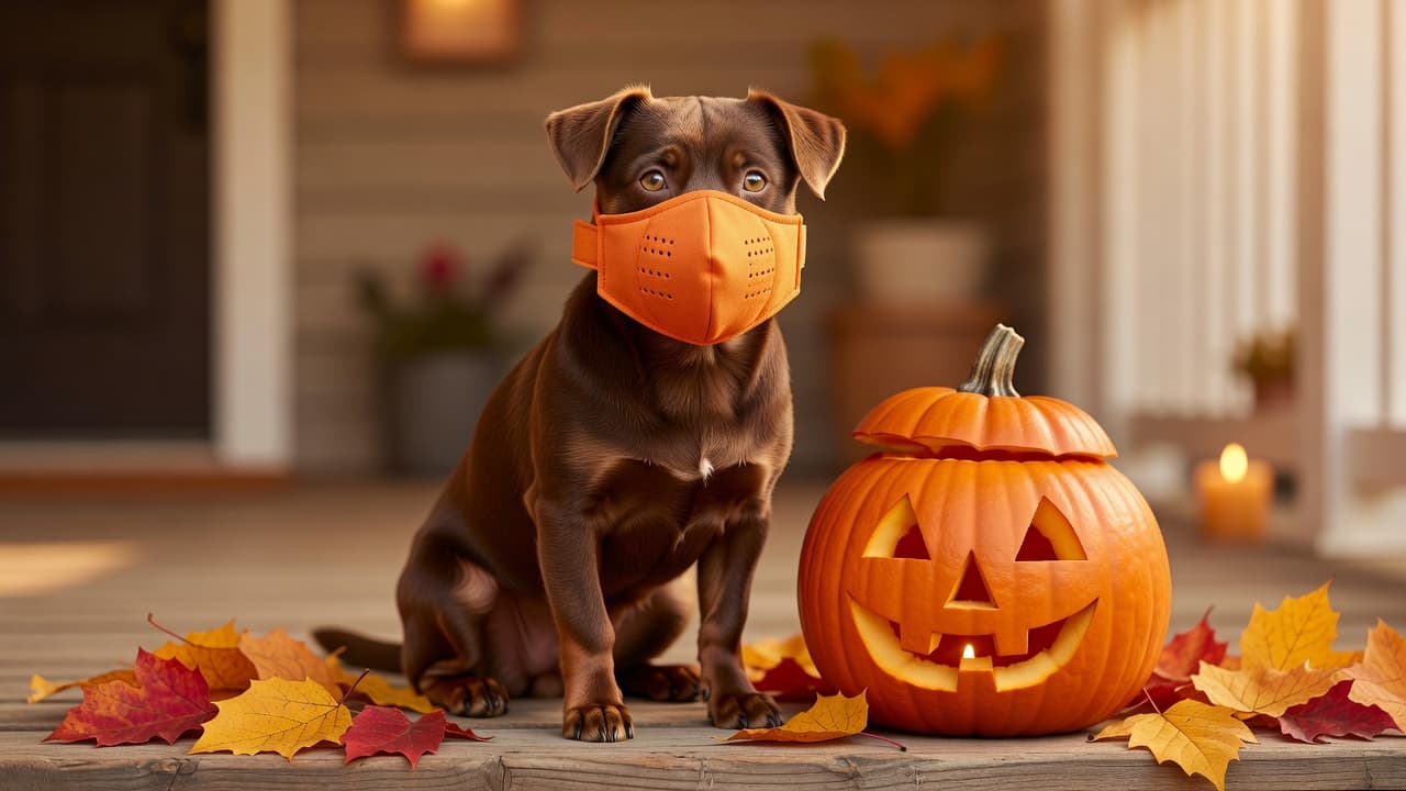 A small brown dog wearing a soft orange cotton pumpkin mask with visible air holes and a side Velcro tab