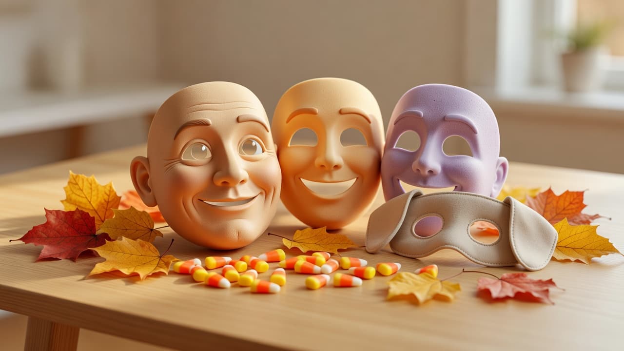 A festive Halloween table display showing a realistic latex adult mask