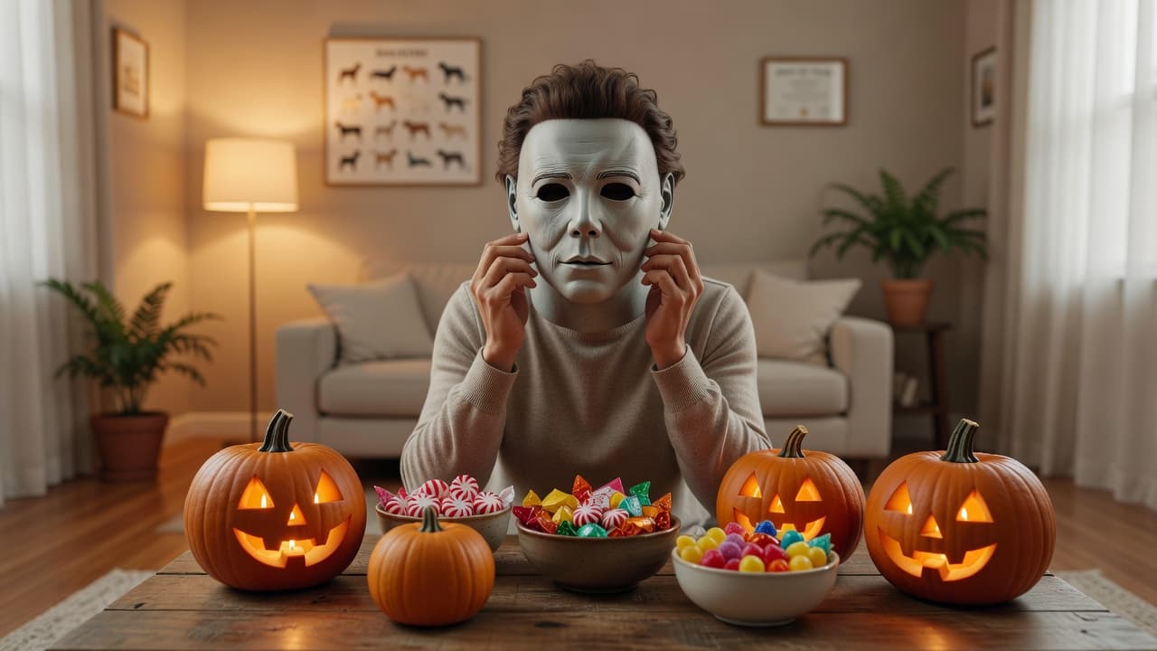 a person adjusting a pale gray Michael Myers style mask in a living room with carved pumpkins and bowls of candy on the table