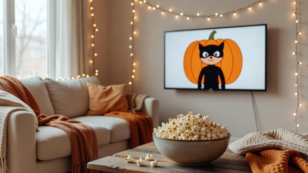 A cozy living room with string lights a bowl of popcorn and a TV screen showing a cartoon masked silhouette against a pumpkin backdrop in a festive Halloween movie night setup