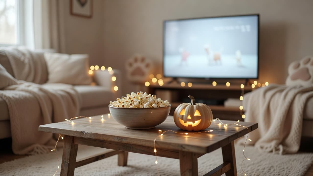 a cozy living room set up for a movie night with string lights, a bowl of popcorn, and a small carved pumpkin on the coffee table, TV glowing softly in the background, festive but not scary