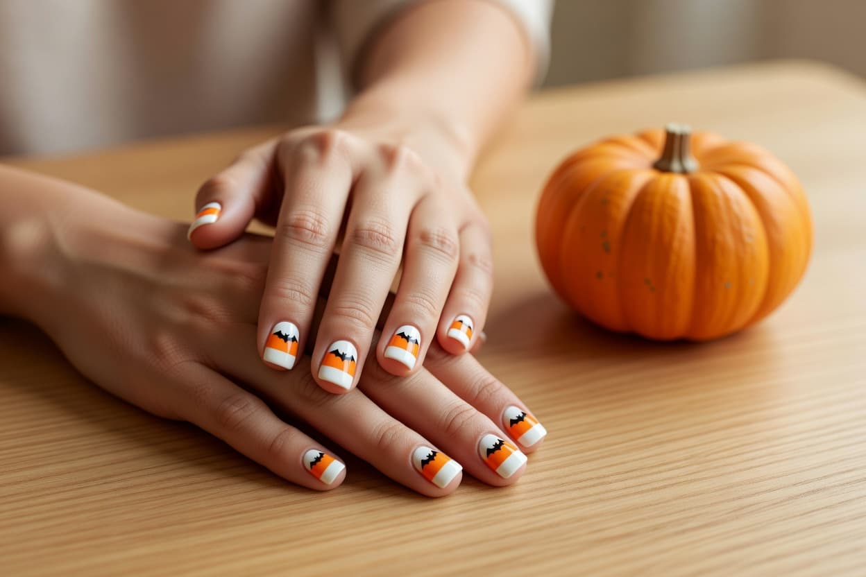 close-up of two hands with short square nails painted black and orange in simple candy-corn stripes and tiny black bat silhouettes on a wooden table next to a small pumpkin