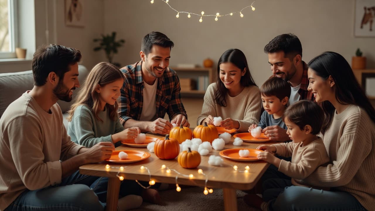 Adults and kids in casual clothes gathered around a living-room table with orange paper plates