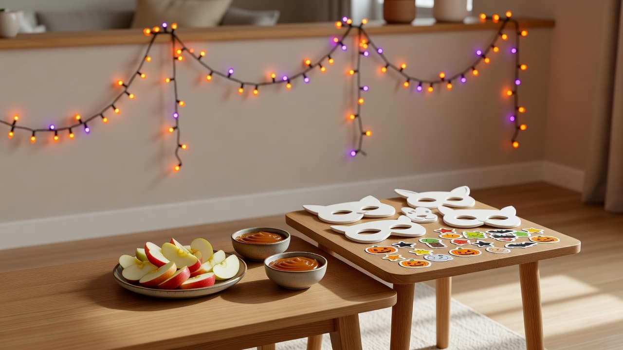 A living room with orange and purple string lights along one wall