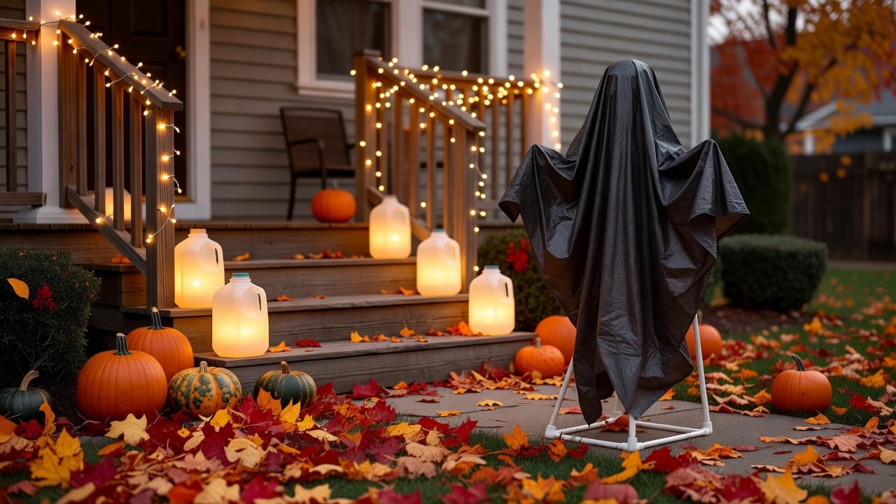 A cheerful front yard at dusk featuring a tall homemade ghost figure from black sheeting and PVC pipe