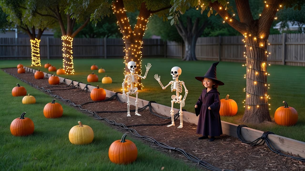 A festive suburban yard at twilight with three animated skeleton and witch props positioned along a mulched path