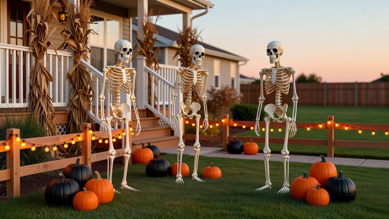 A suburban front yard at dusk with orange LED string lights along the fence