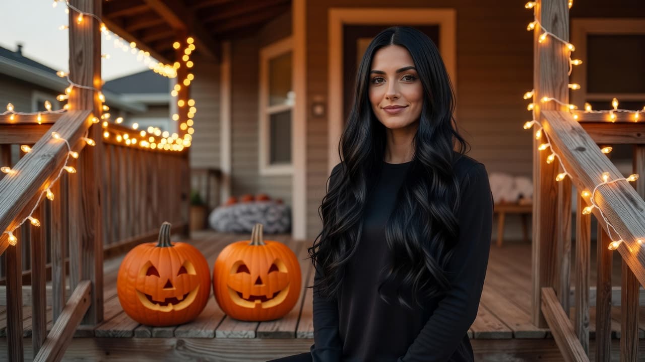 A person wearing a 22-inch jet black synthetic wig with loose waves, standing beside two carved pumpkins on a wooden porch at dusk with warm string lights, festive Halloween atmosphere, no text or logos