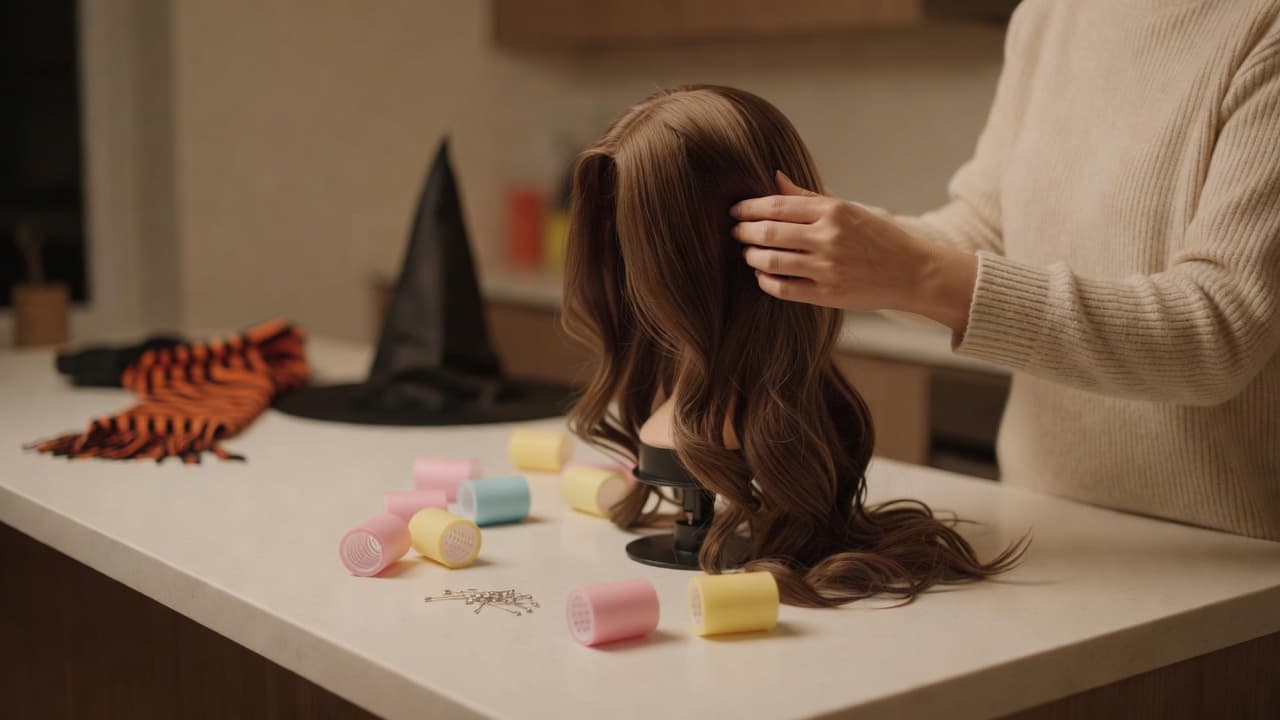 A realistic photo of a person adjusting a long wavy brown synthetic wig on a stand in a kitchen at night