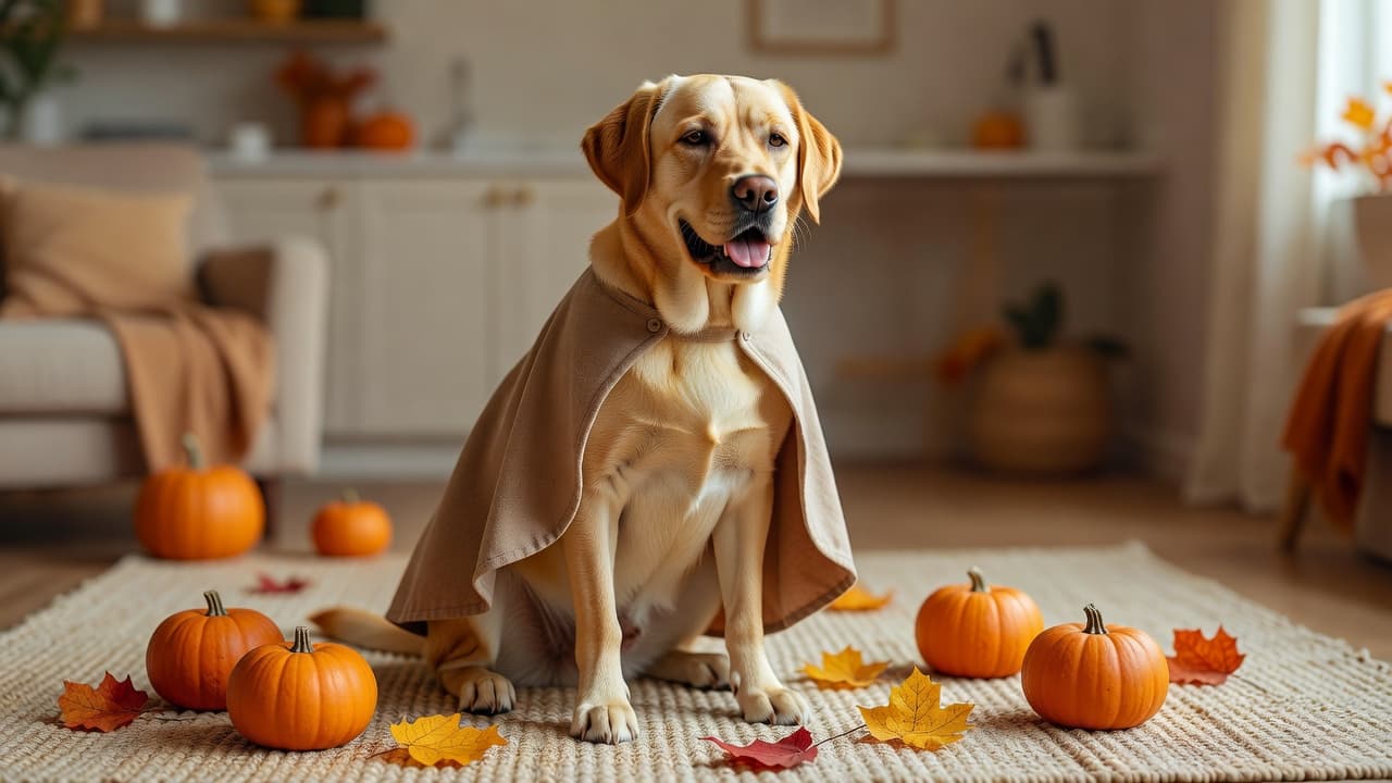 A calm Labrador retriever sitting on a living room rug wearing a loose soft fabric cape secured with snaps