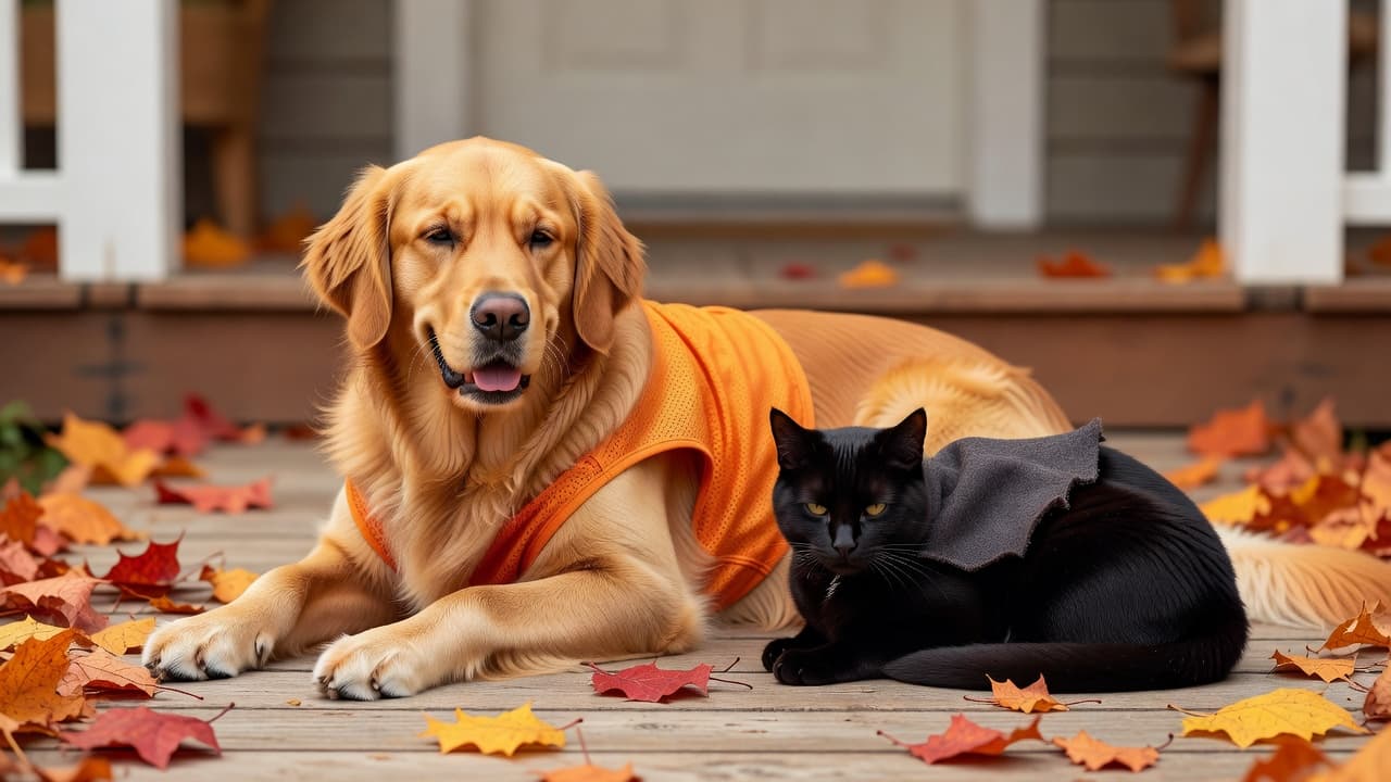 A golden retriever wearing a lightweight orange mesh vest and a black cat in a small felt cape