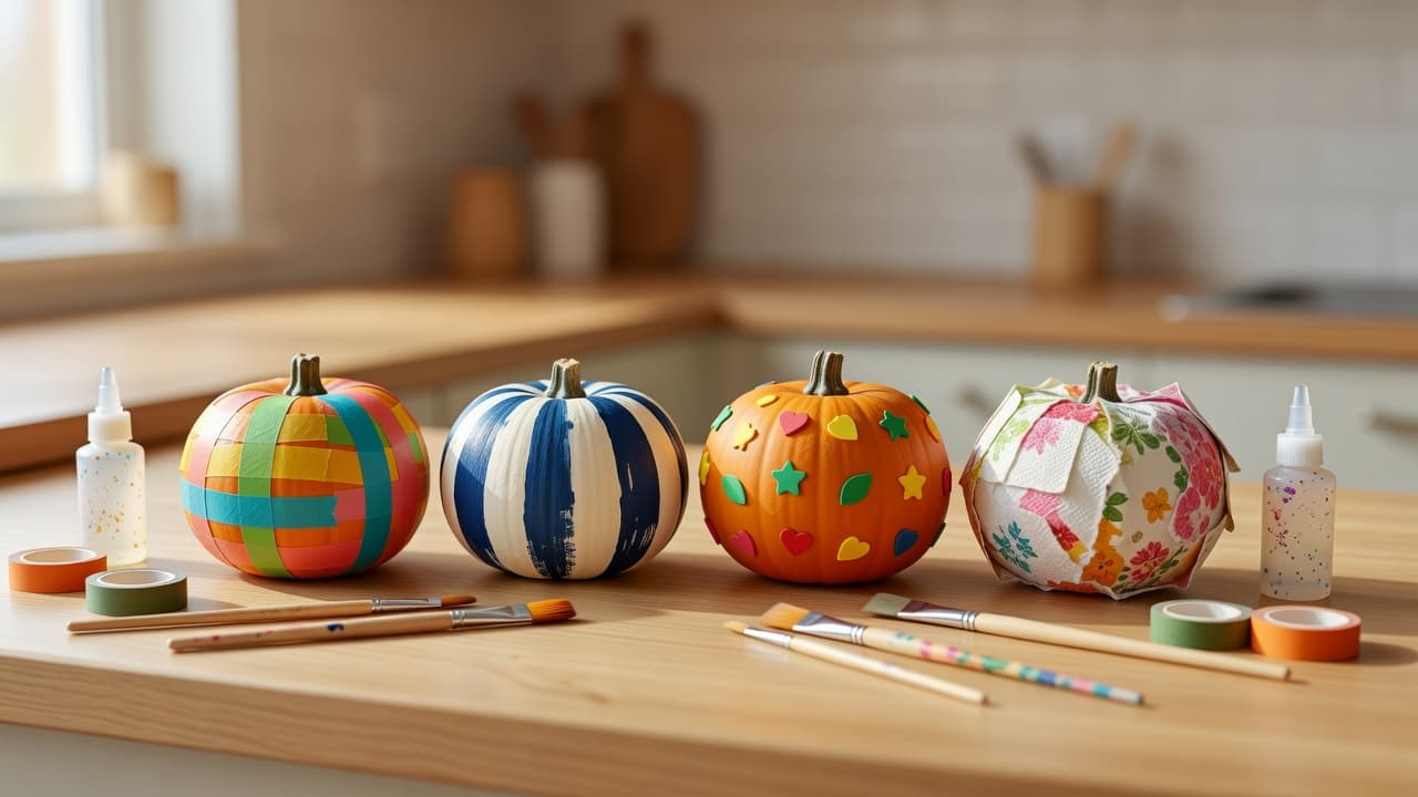 A kitchen counter with four small pumpkins decorated using colorful washi tape patterns