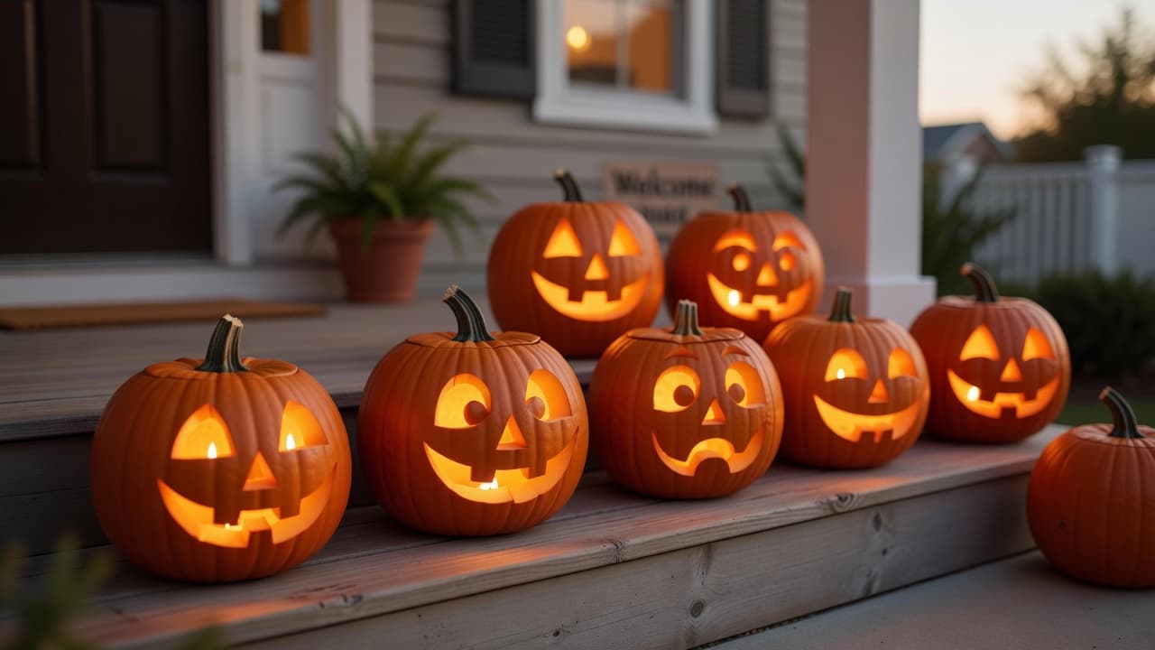 several carved jack-o-lantern pumpkins with different expressive faces lit up at dusk on a porch step, warm glowing candlelight, festive Halloween scene