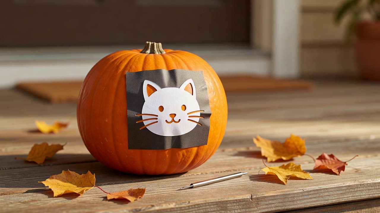 Medium orange pumpkin on a wooden porch with a taped cat-face stencil and carbon paper underneath
