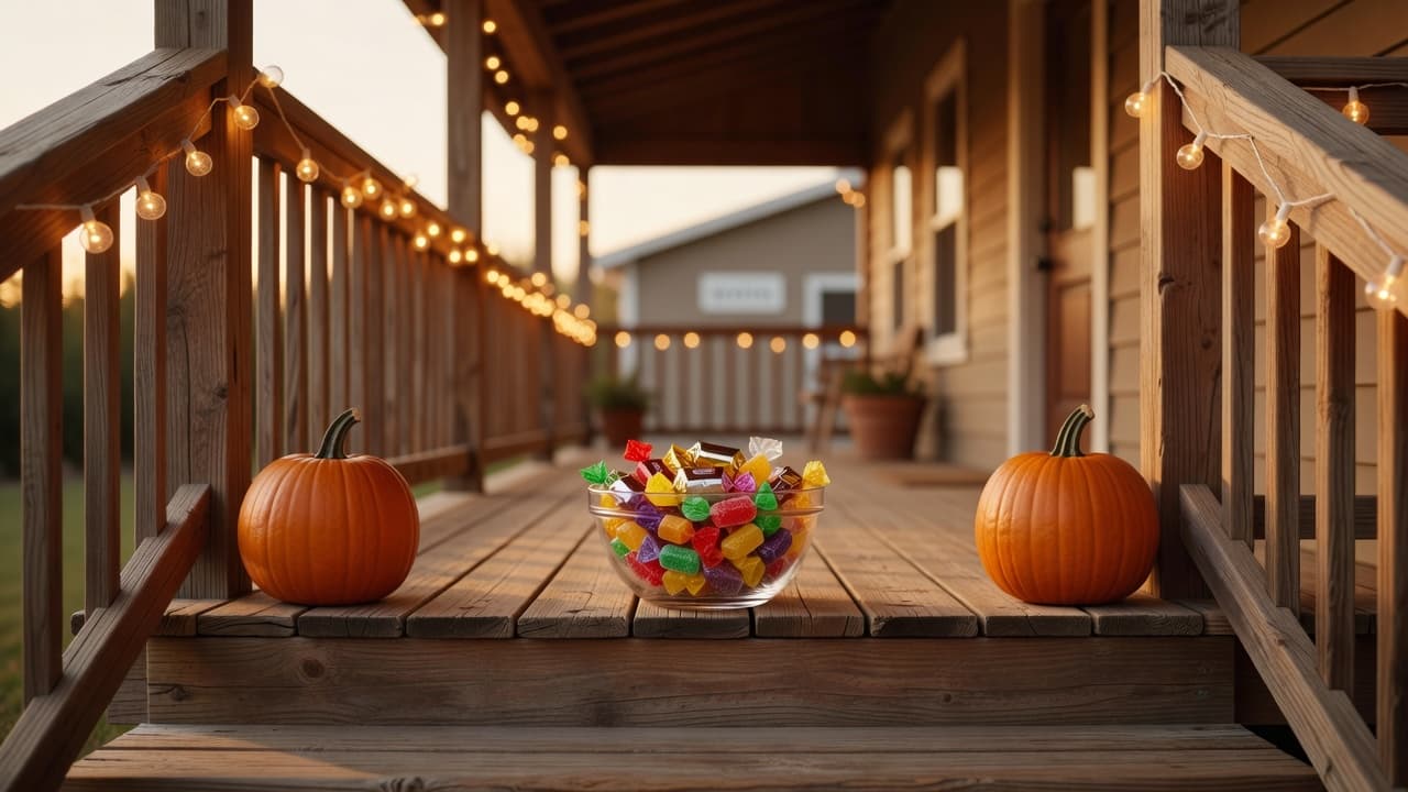 A wooden porch at dusk with two orange pumpkins and a clear glass bowl half full of wrapped mini chocolate bars and colorful fruit chews