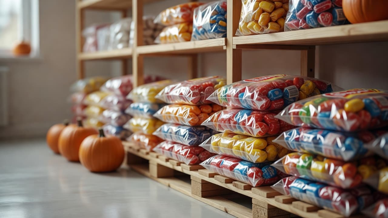 A brightly lit store aisle lined with large colorful bulk bags of wrapped candy on pallets
