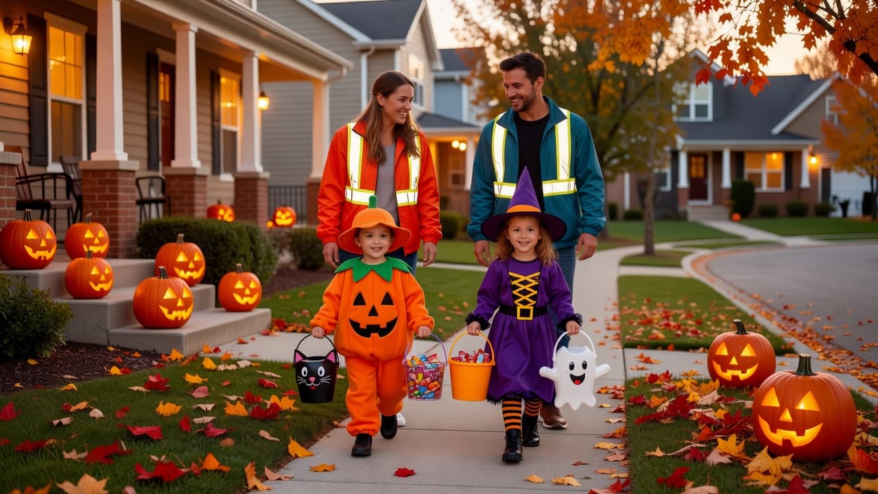 Parents and kids in colorful costumes walking a suburban sidewalk at dusk with glowing jack-o-lanterns on front porches