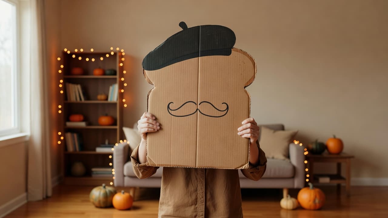 A person in a brown shirt holding a large cardboard toast prop with a drawn-on beret and mustache