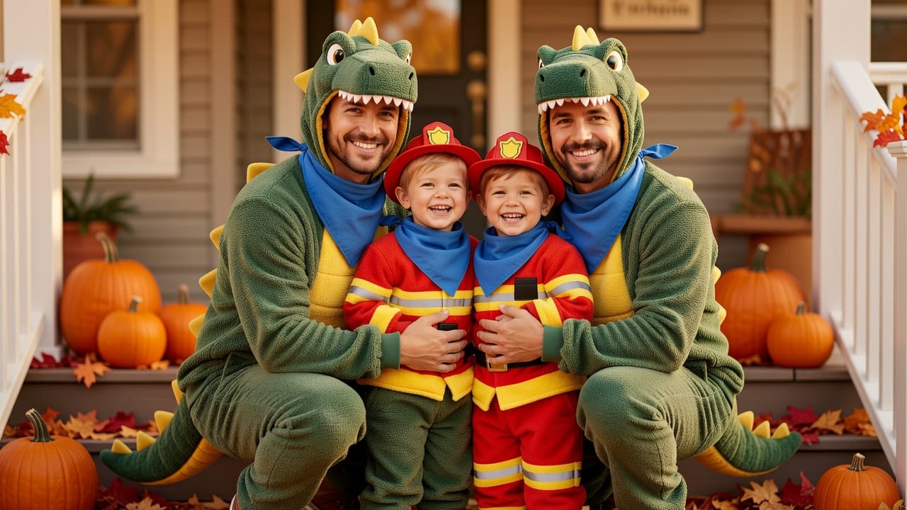 Parents and kids in matching fleece dinosaur and firefighter outfits with blue bandanas posing on a front porch with pumpkins and leaves