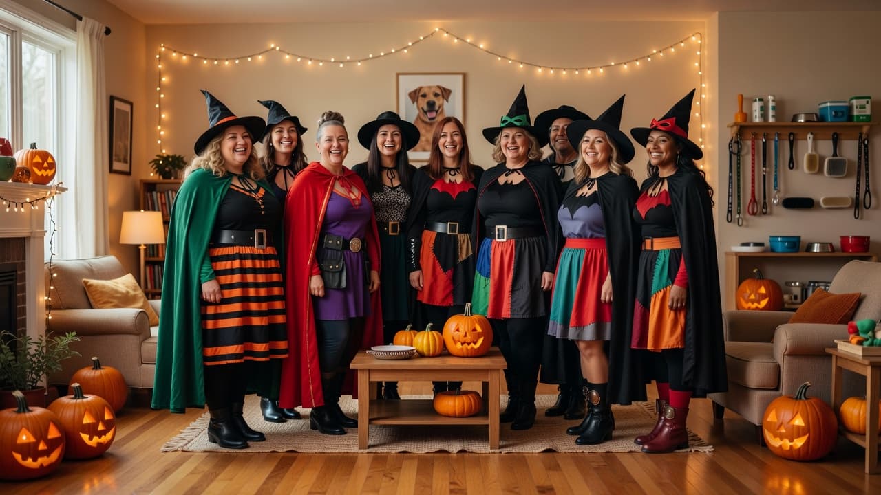 Diverse group of women with different body types wearing layered Halloween costumes like witches and superheroes with capes and belts