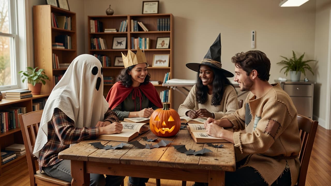A small group of friends in simple homemade costumes sitting around a wooden table with open history books