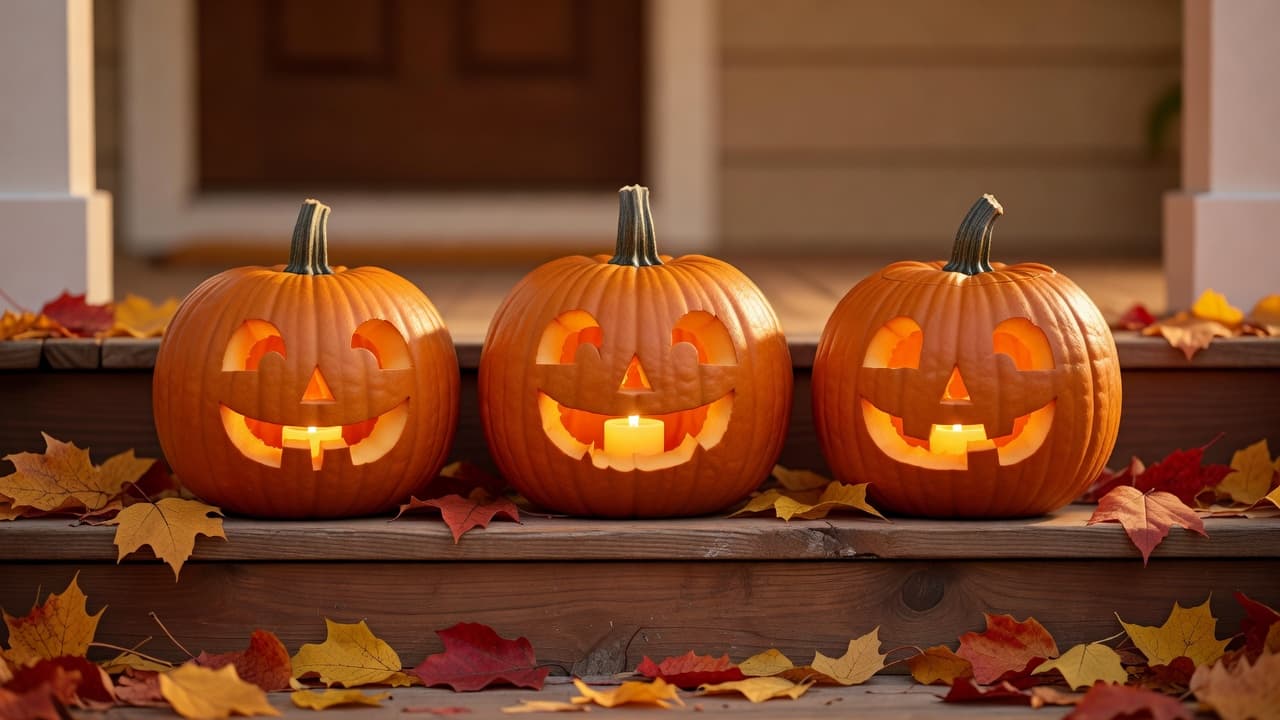 A row of three carved pumpkins on wooden steps with autumn leaves scattered around them