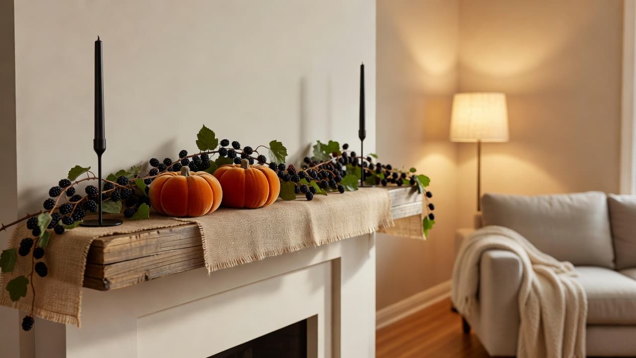 Cozy living room view showing a mantel shelf with blackberry garland