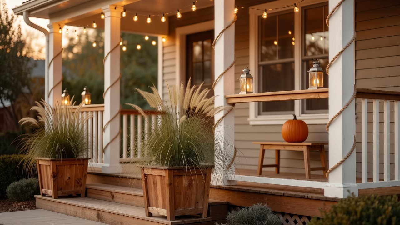 A tidy front porch with white columns wrapped in simple rope garland