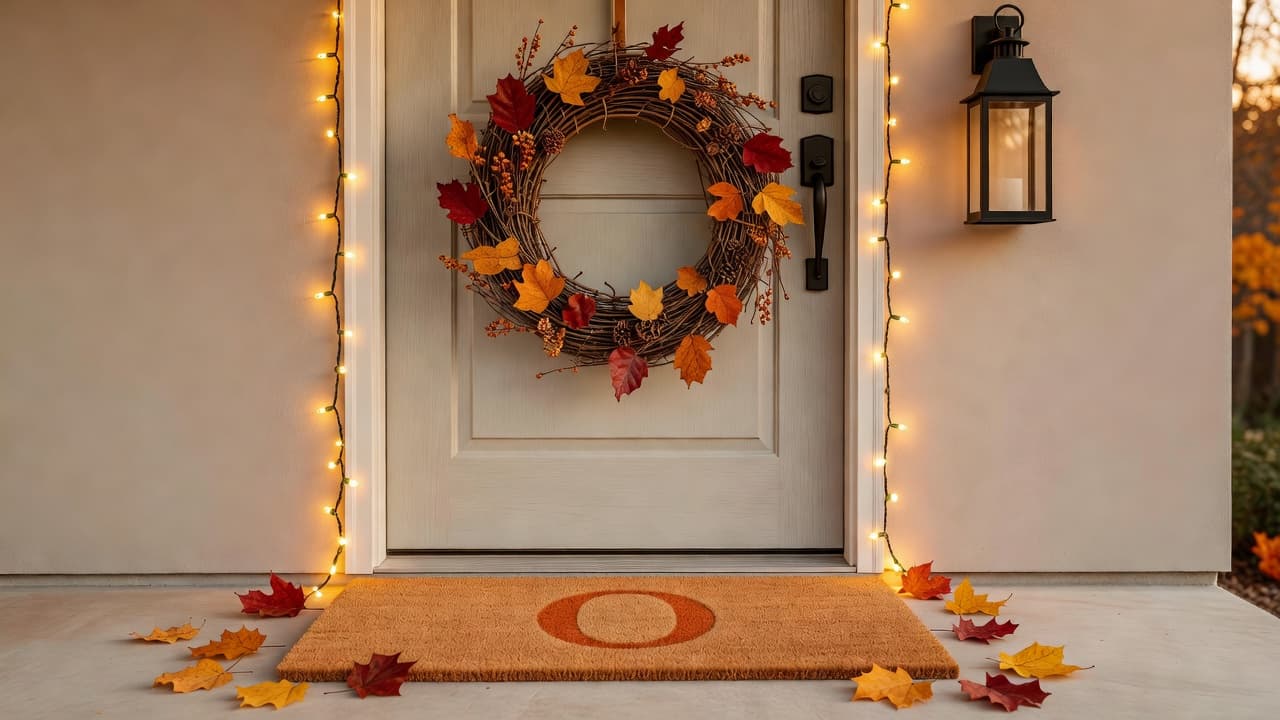 A front door with a large twig wreath centered below the top edge