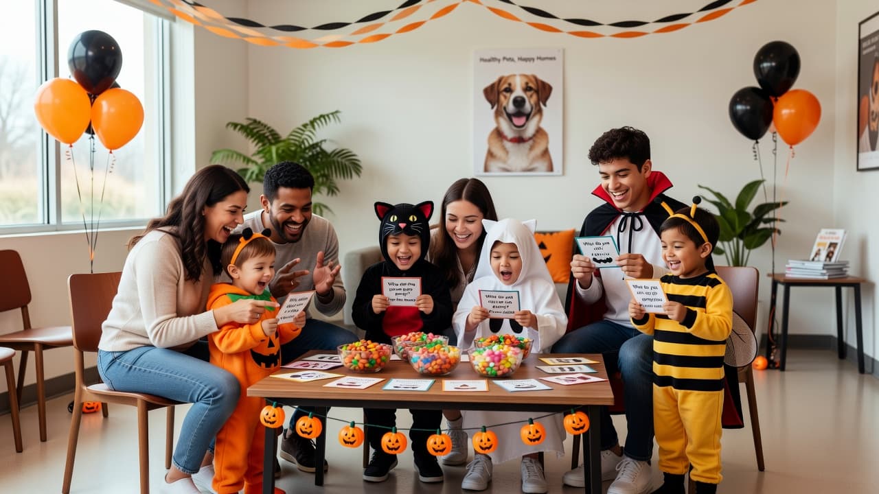 Three small groups of adults and kids in bright Halloween costumes gathered around a table with candy bowls and paper joke cards
