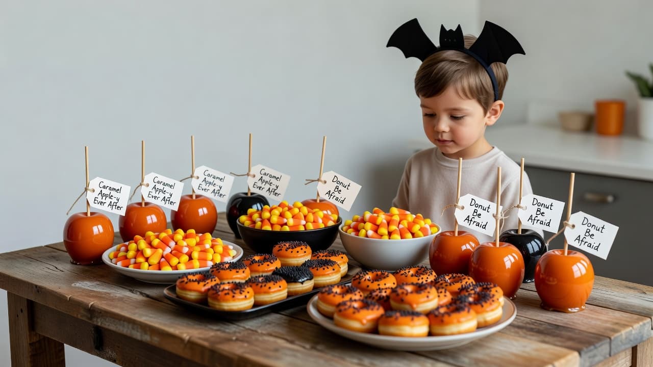 A wooden table covered in orange and black treats including caramel apples