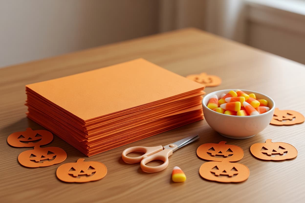 A stack of printed riddle sheets on orange card stock next to safety scissors and a bowl of candy corn on a wooden table with jack-o-lantern cutouts in soft party lighting