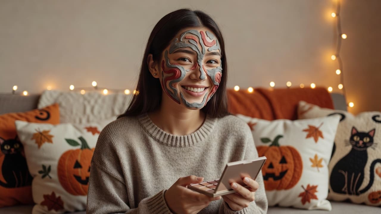 A smiling person in a cozy living room wearing a simple gray-and-red SFX face design with raised putty ridges
