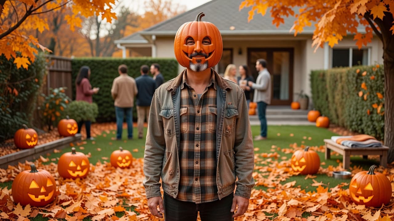Man with beard wearing a flexible latex pumpkin mask