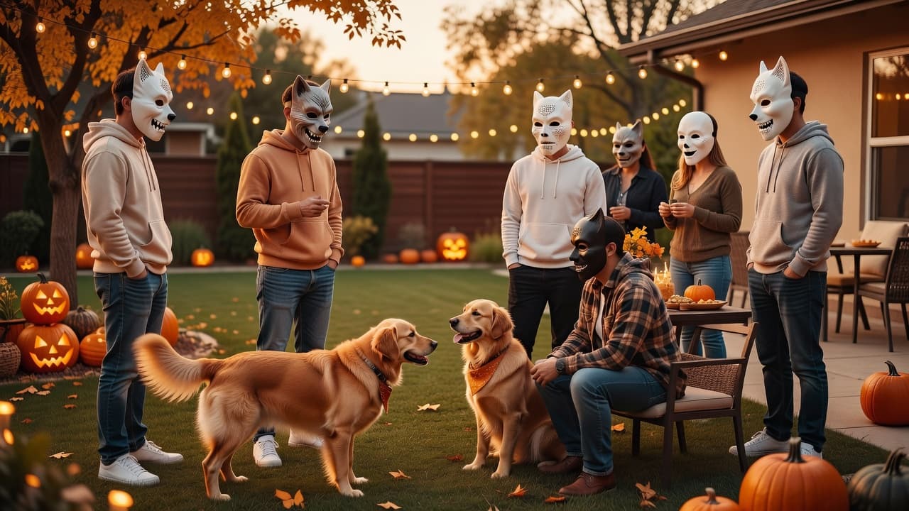 A group of adults and one dog at a festive backyard Halloween party wearing comfortable full-head scary masks with visible vents