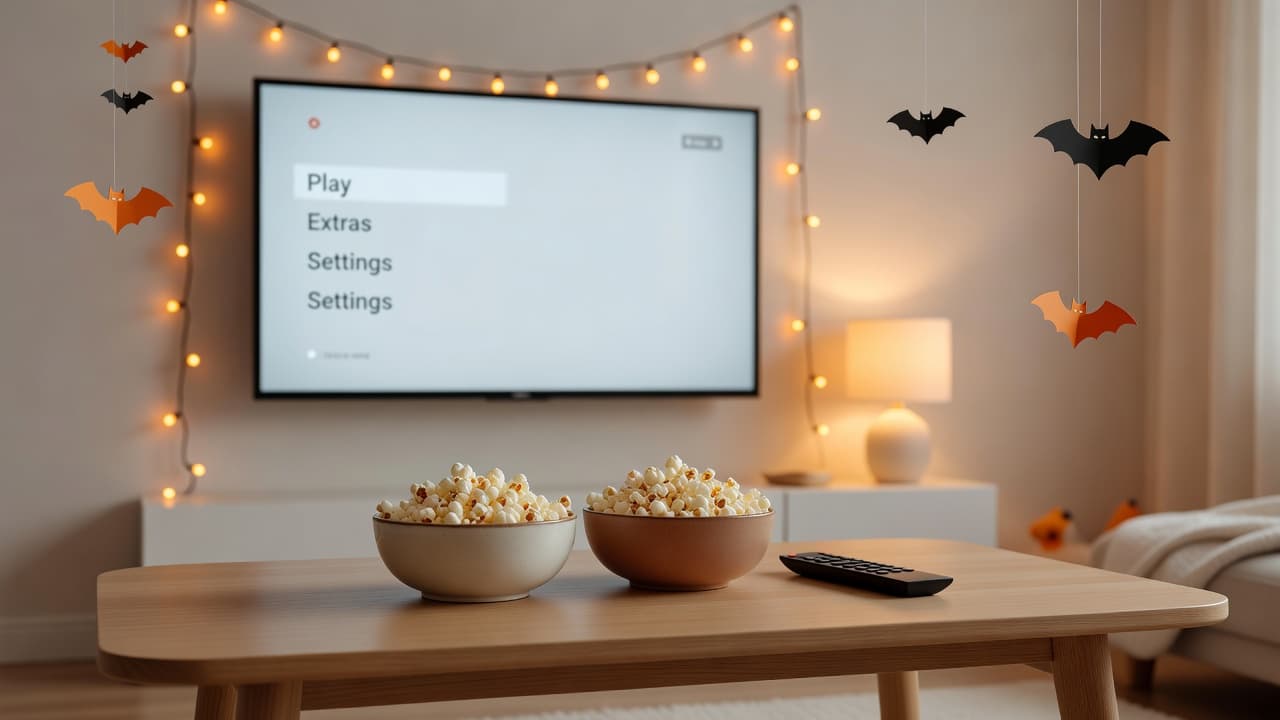 A living room coffee table holding two bowls of popcorn and a remote control