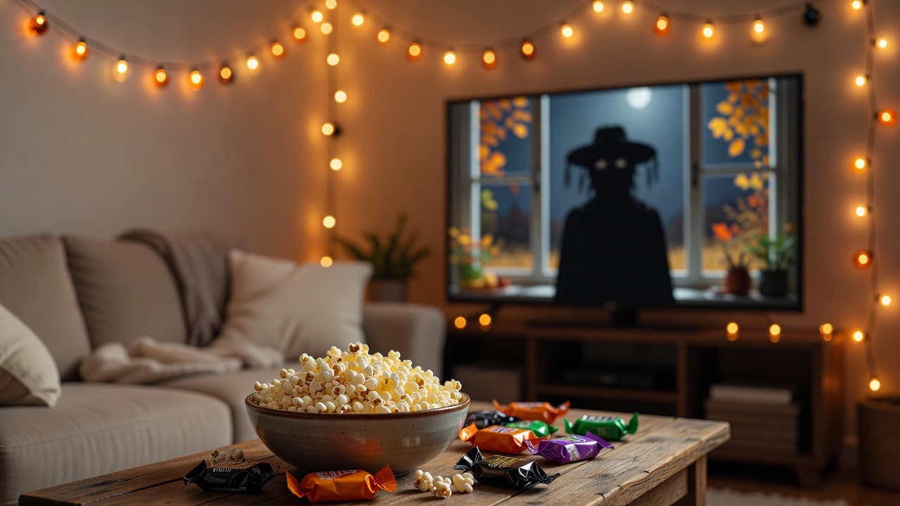 Cozy living room with string lights in orange and black